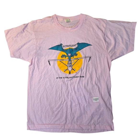 Screen Stars Tops - Vtg 1989 Screen Stars Ultraflight Flight Farm Pink Graphic T-Shirt Large Retro